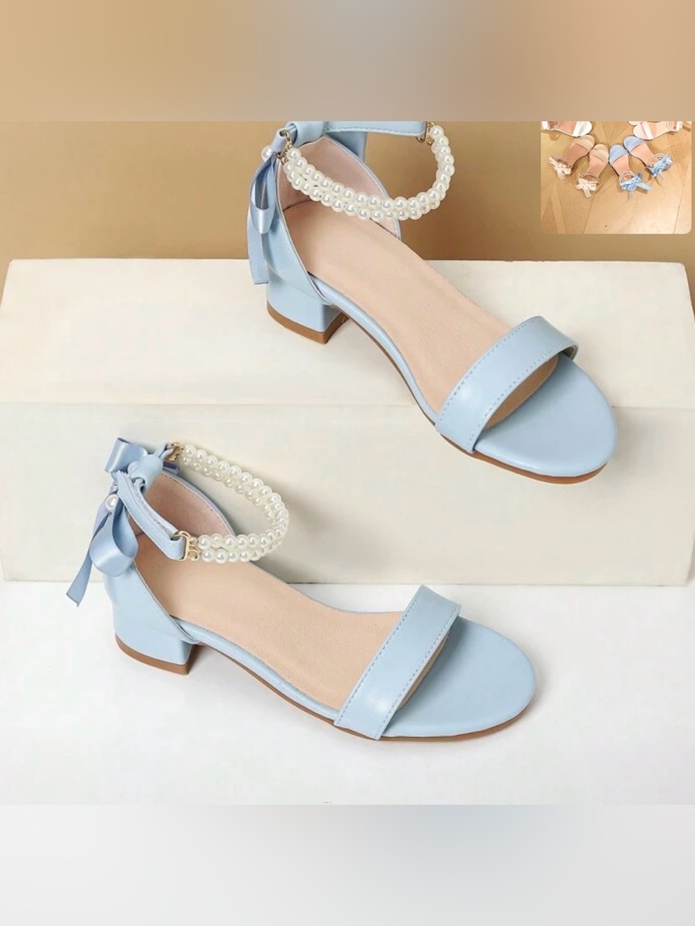 Girls Light Blue Pearl-Ankle Strap Sandals